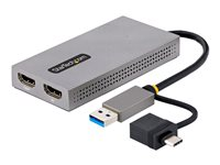 StarTech.com USB to Dual HDMI Adapter, USB A/C to 2x HDMI Monitors (1x 4K 30Hz, 1x 1080p), Integrated USB-A to C Dongle, 4in/11cm Cable, Windows & macOS - USB 3.0 to HDMI Multi-Monitor Display Adapter for Laptop (107B-USB-HDMI) - Videokort - USB typ A, 24 pin USB-C hane till 2 x 19 pin HDMI Type A hona - grå - stöd för 4K 107B-USB-HDMI