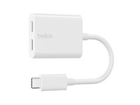 Belkin Connect Audio + Charge - USB-C till USB-C-hörlurar/laddningsadapter - USB-C hane till USB-C hona - 14 m - vit - USB Power Delivery (60W) F7U081BTWH